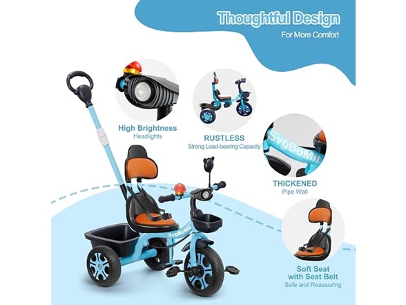 Kids Tricycle w/ Push Bar Storage Basket- Choose Color