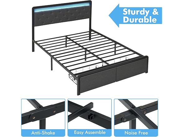 Queen Bed Frame w/ 2 Drawers, LED Light