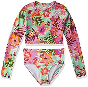 Kanu Surf Girls' Long Sleeve Rashguard UPF 50+ Two Piece Swim Set, Coral Reef Crop Pink, 3T