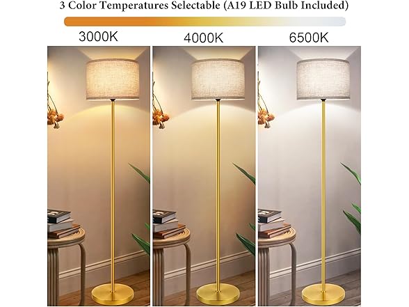 TOBUSA 65‘’ Gold Floor Lamp with 3-Color LED Bulb