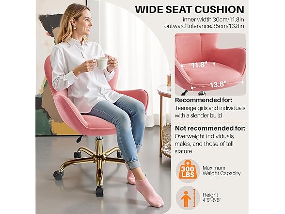 BestEra Vanity Chair with Wheels, Cute Desk Chairs Adjustable Height for Bedroom, Modern Makeup Chair with Back(Pink) (Open Box)