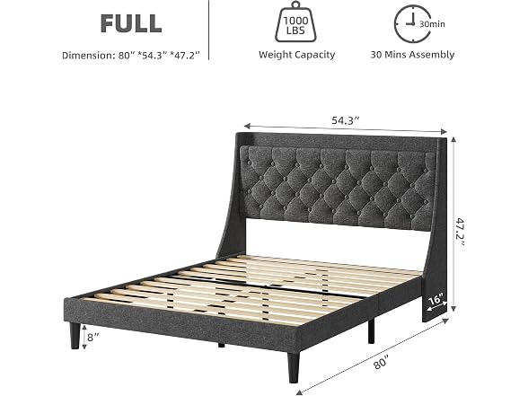 GAOMON Full Bed Frame, Charging, Grey