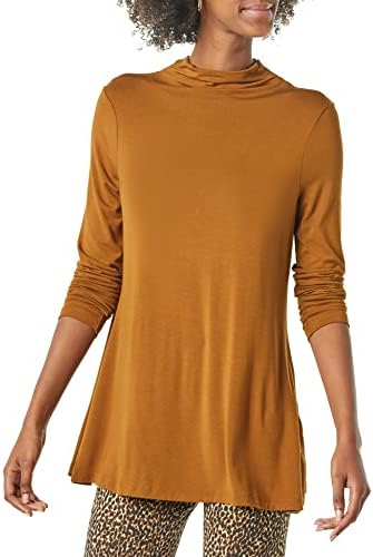 Amazon Essentials Women's Jersey Long-Sleeve Mock Neck Swing Tunic (Previously Daily Ritual), Dark Chestnut Brown, Small