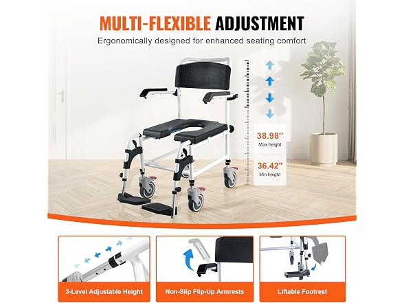 Shower Commode Wheelchair with 4 Lockable
