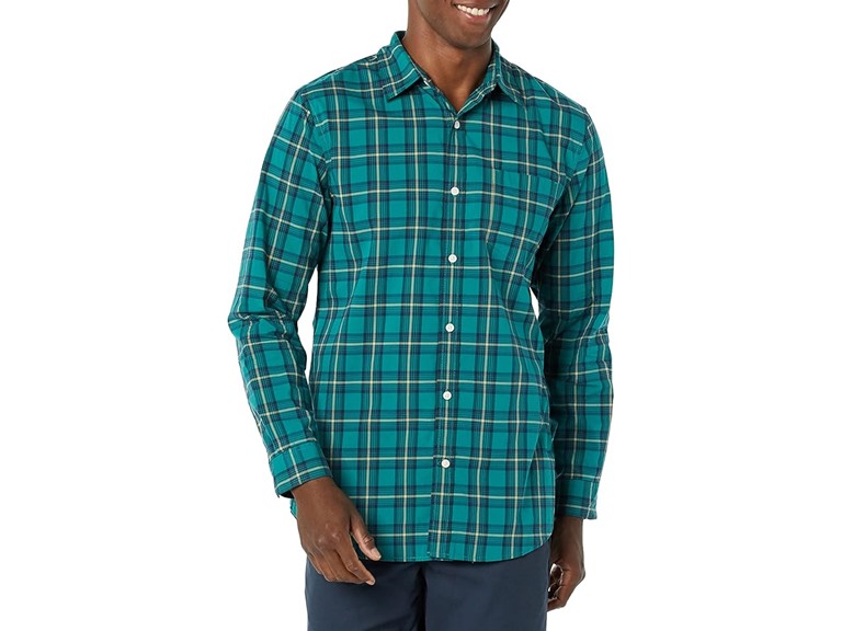 Amazon Essentials Men's Long-Sleeve Slim-Fit Stretch Poplin Shirt, Green Gold Checked, Large