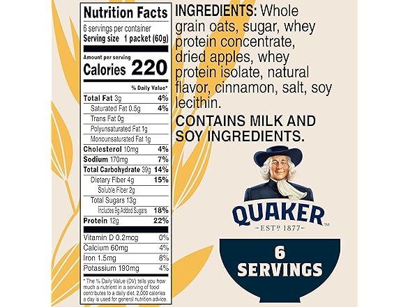 6PK Quaker Protein Instant Oatmeal, Apple Cinnamon