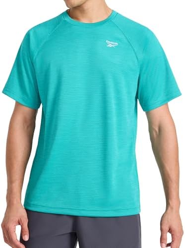 Reebok Men’s Speed Short Sleeve Raglan Crewneck T-Shirt, Standard Fit, Breathable Stretch Poly Texture Jacquard Fabric, Blue Grass Heather, Medium