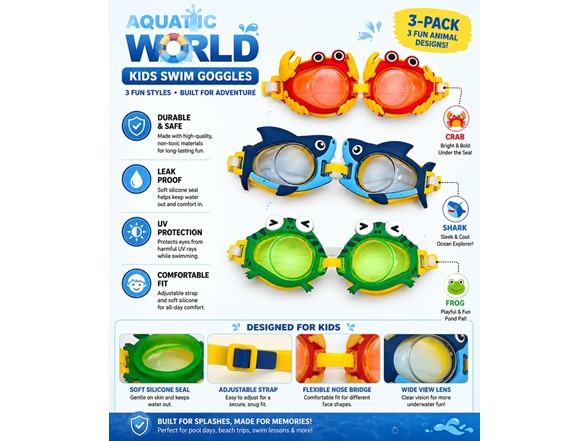 Kids Swim Goggles 3PK Crab Frog & Shark