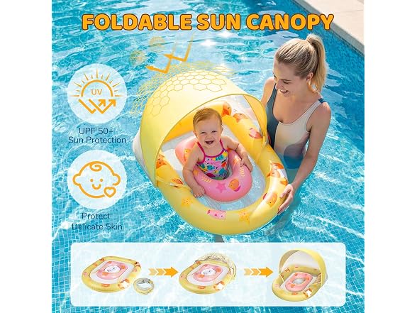 JUNLLY Baby Pool Float with Canopy, Yellow