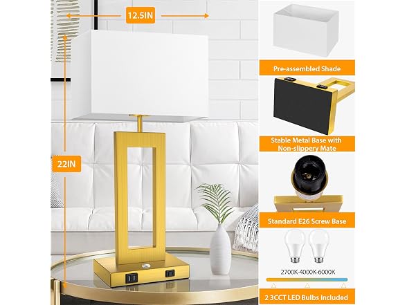 Kondras 22’’ Touch Control Table Lamps Set of 2, Gold