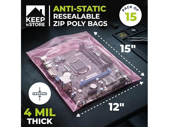 12" x 15" Pink Anti-Static Resealable Poly Bags, Pack of 15