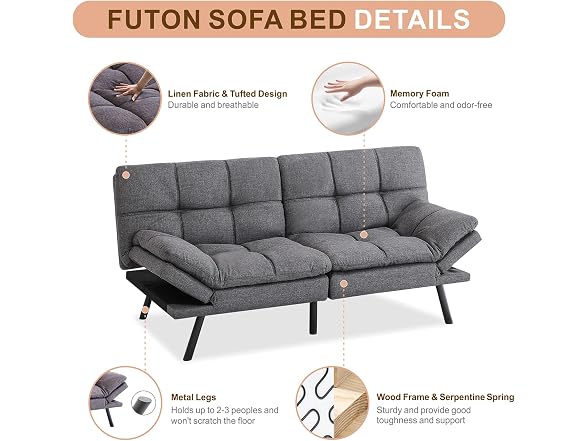 Opoiar Futon Sofa Bed, Memory Foam, Grey