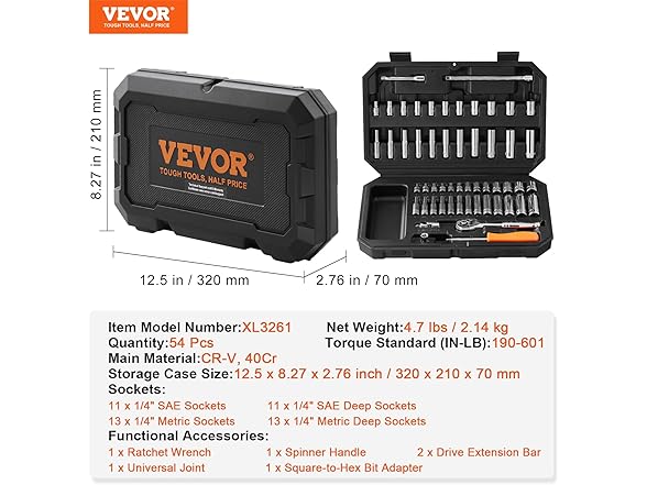 VEVOR 54 Piece Socket Set SAE and Metric