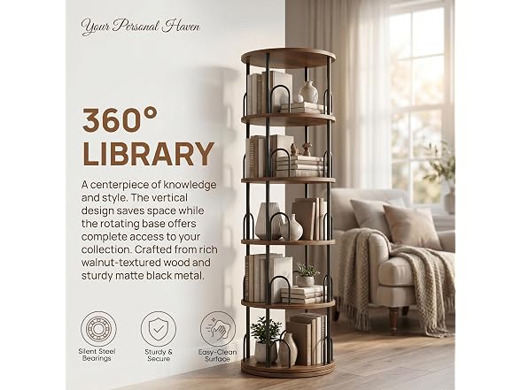 Arbcoler 5-Tier Rotating Bookshelf