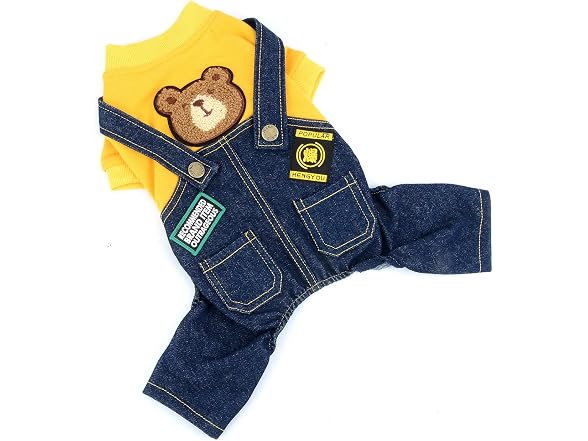 Bear Patch Denim Overalls for Small Dogs, Ye