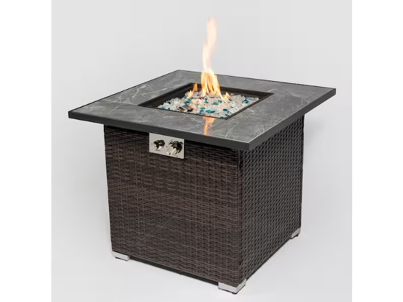 30" Brown Wicker Fire Table + Lid & Cover