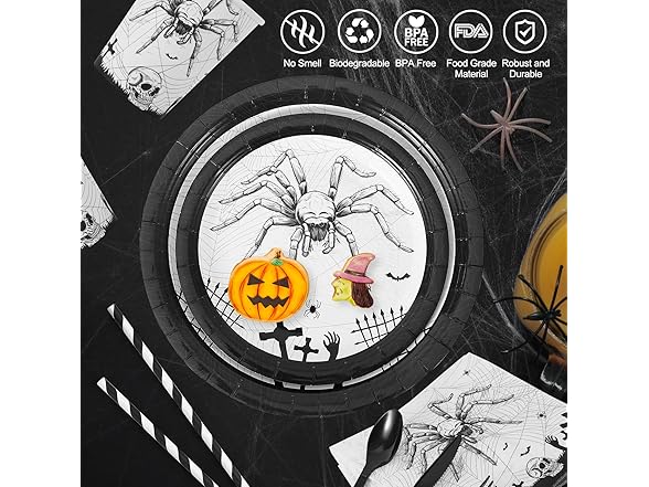 Halloween 215 Pcs Paper Plates, Napkins and Disposable Cutlery Set