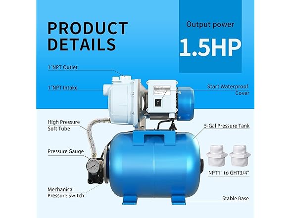 FOTING 1.5HP Shallow Well Pump with Pressure Tank, 1340GPH Automatic Irrigation Water Booster Jet Pump, Water Pumps Booster System 164FT 115V for Home Garden Lawn Farm, Blue (Open Box)