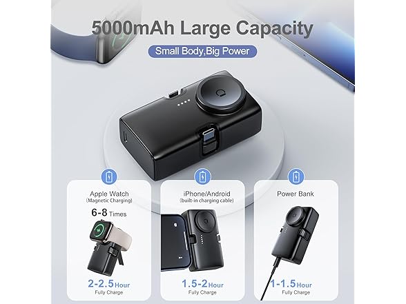 Wireless Watch Charger w/Built-in Foldable USB-C & Lightning Connectors for Phones