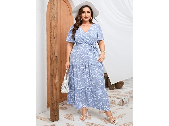 KOJOOIN Womens Wrap Maxi Dress Blue Dot (2XL)