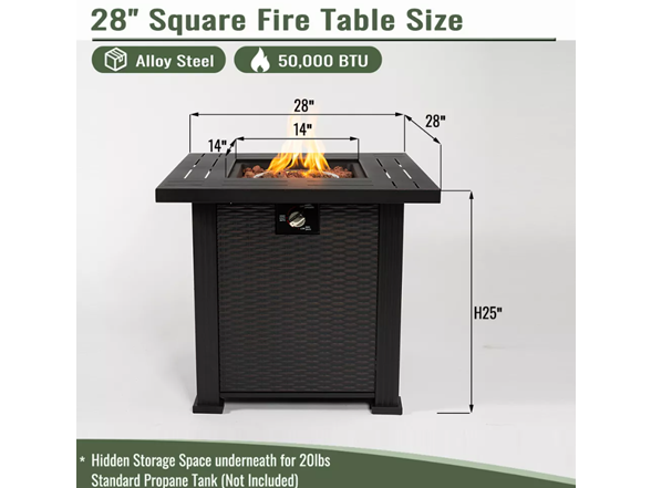 28" Sq 50k BTU Steel Fire Table – Black