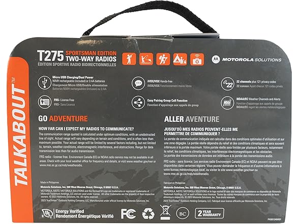 Motorola Talkabout T275 Two-Way Radios (2-Pack) – 25 Mile Range, Rechargeable, Outdoor walkie Talkie, NOAA Weather Alerts, VOX, Earpieces & Case – Survival Ready for Bug Out Bags & Emergency Prep (Open Box)