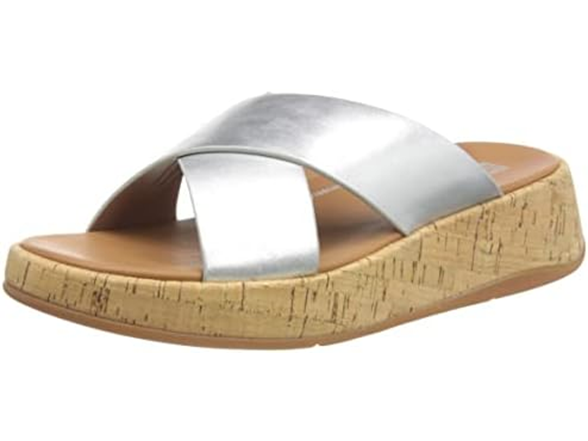 FitFlop Metallic Leather Flatform Slides Silver 8 M (B)