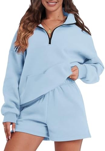 FKEEP Womens Sweatsuits 2 Piece Outfits Half Zip Sweatshirt Sweat Shorts with Pockets Lounge Sets(Blue,Large)