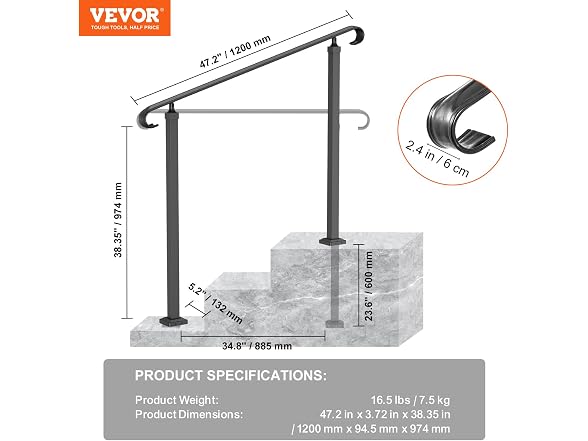 Handrails for Outdoor Steps, Fit 2 or Picket