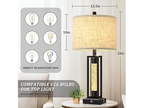 TOBUSA 26" Crystal Table Lamps Single Black