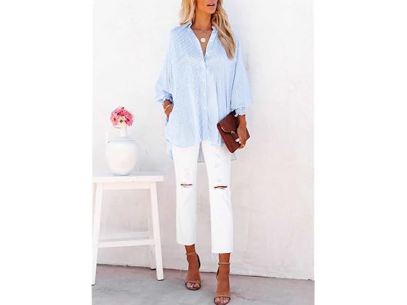 LEMAFER Womens Smocked Boyfriend Shirt