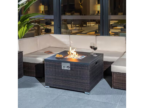 Brown Wicker Gas Fire Table + Glass Rocks