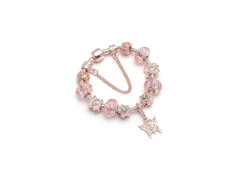 Yeidid 18K Rose Gold Plated Pink Crystal Butterfly Charm Bracelet