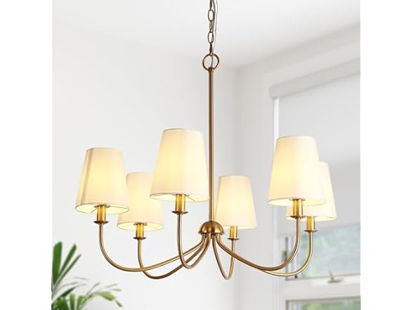 GEPOW Gold Chandelier with 6 Fabric White Shades