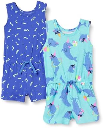 Amazon Essentials Girls' Knit Sleeveless Rompers (Previously Spotted Zebra), Pack of 2, Blue/Dolphin, Medium