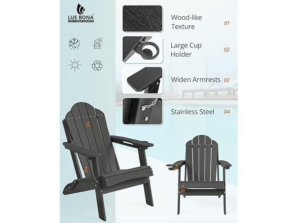 LUE BONA Set of 4 Black Adirondack Chairs
