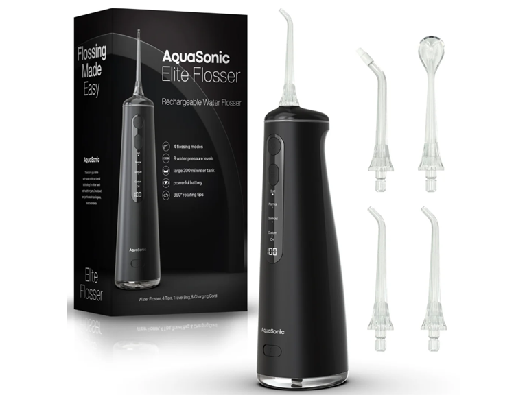 AquaSonic Elite Flosser - Rechargeable Water Flosser with 4 Tips - Oral Irrigator with 4 Modes - Portable & Cordless (black)