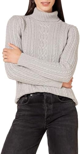 Amazon Essentials Women's Fisherman Cable Turtleneck Sweater (Available in Plus Size), Light Grey Heather, X-Small