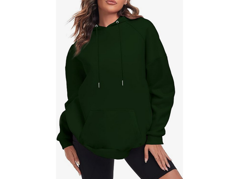 FKEEP Oversize Hoodies Women Fleece Crewneck Sweatshirt Casual Long Sleeve Pullover Tops with Pockets(Dark Green,Large)