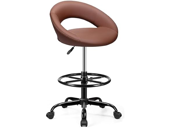 Drafting Chair with Back, Height Adjustable Rolling Stool with Foot Rest, Tall 360° Swivel Stool PU Leather Chair with Wheels for Home Office, Standing Desk, Brown (Open Box)