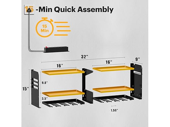 Spampur Power Tool Organizer Wall Mount 15 Min Assembly & Maximum 420lb Load by Heavy Duty Metal, 8 Slots for Cordless Drill, Tool Holder with 6 Outlet Power Strip (Open Box)