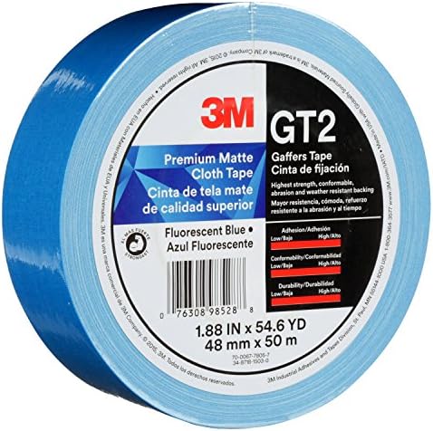 3M Premium Matte Cloth Gaffers Tape GT2, 2" x 164 ft (48 mm x 50 m), 11 mil, Fluorescent Blue