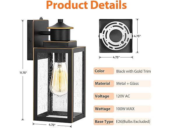 BesLowe 2-Pack Dusk to Dawn Outdoor Wall Lights, Black with Gold Trim