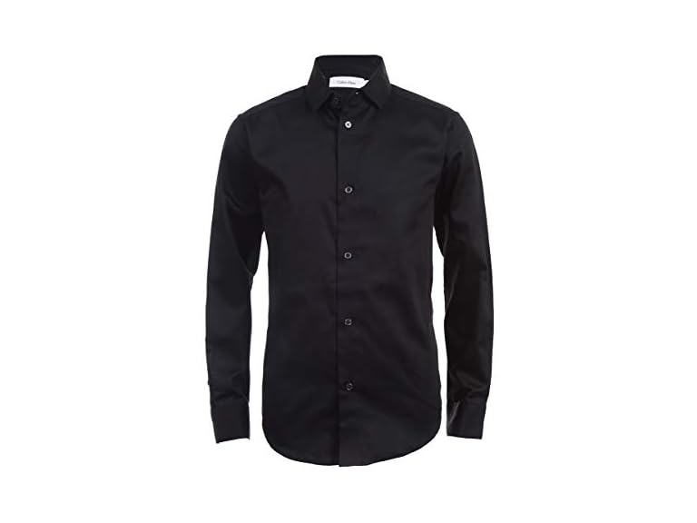 Calvin Klein Boys' Long Sleeve Sateen Dress Shirt, Button-Down Style with Buttoned Cuffs & Shirttail Hem, Black, 18-20 Husky