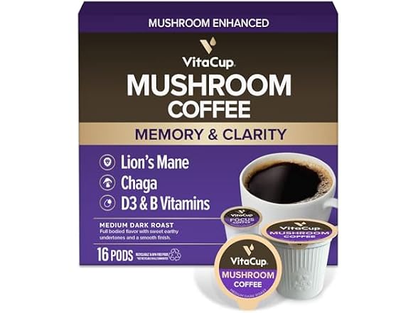 16CT VitaCup Mushroom Coffee Pods, Boost Focus