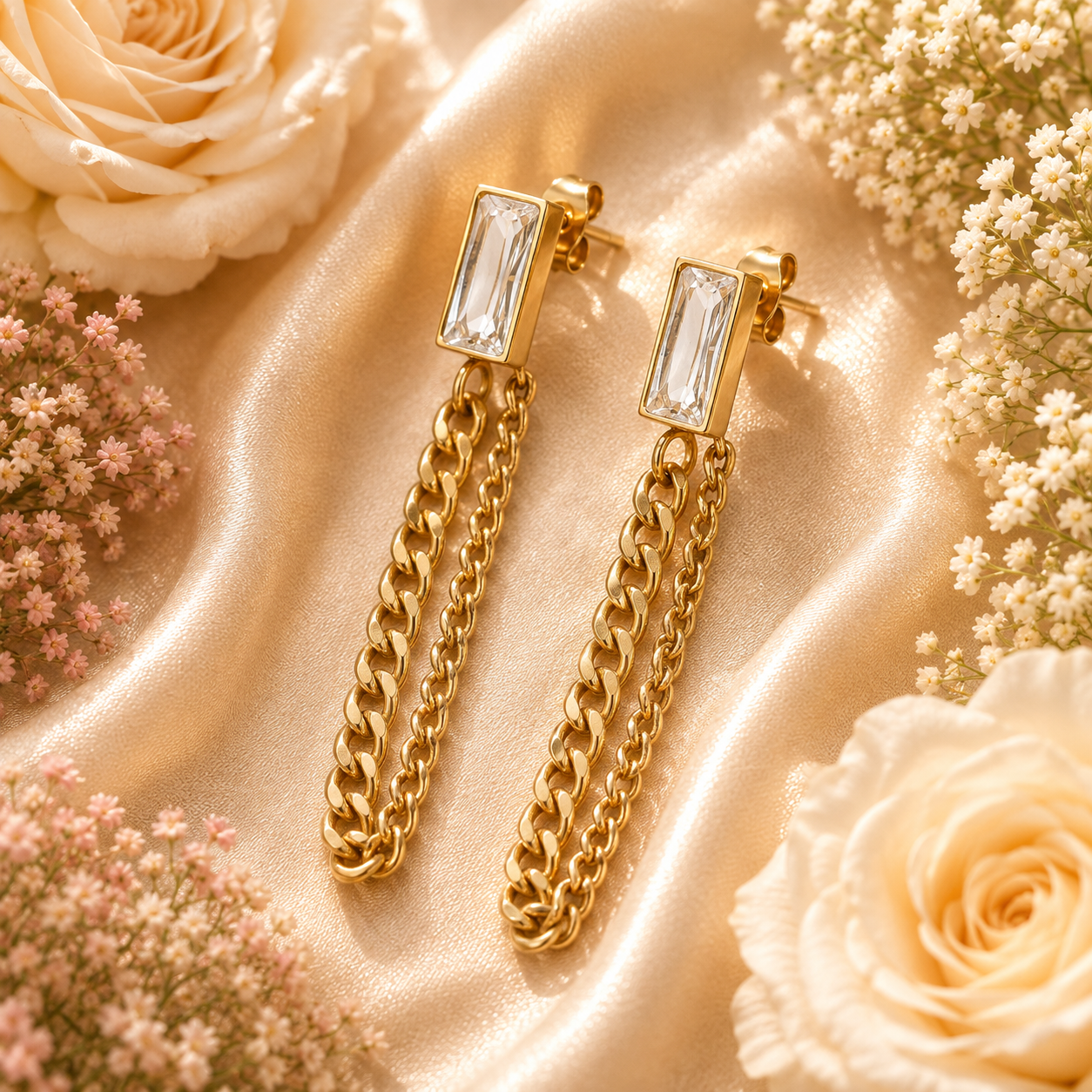 18K Gold Baguette CZ Drop Earrings - Gallery 6