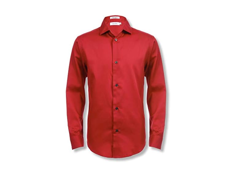 Calvin Klein Boys' Long Sleeve Sateen Dress Shirt, Button-Down Style with Buttoned Cuffs & Shirttail Hem, Dark Red, 16