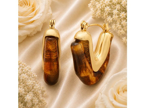18K Gold Brown Resin Hoop Earrings