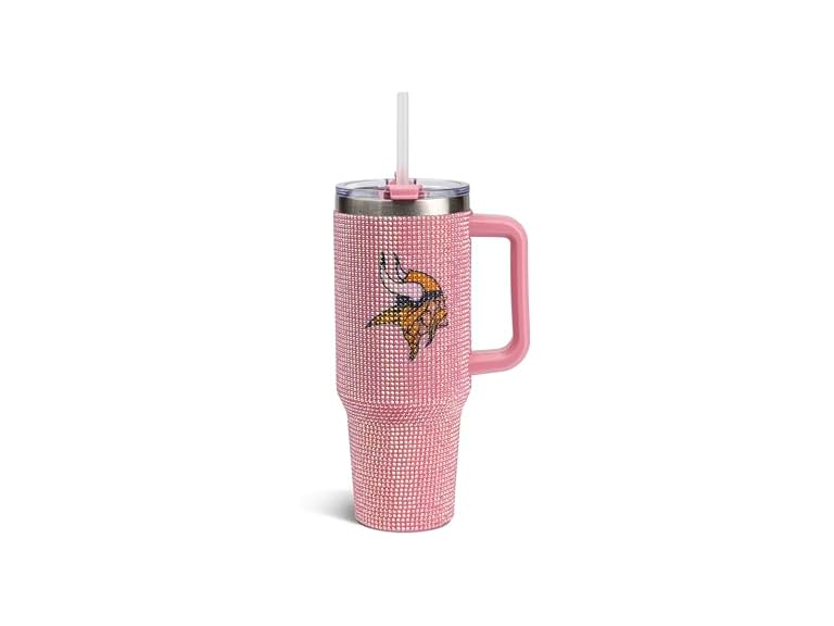 The Memory Company Officially Licensed 40oz Pink Game Day Bling Stainless Steel Tumbler - Premium Insulated Double-Wall Travel Cup With Handle and Straw Lid