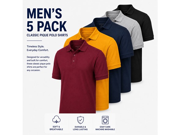 5Pk Mens S/S Pique Polo Shirt
